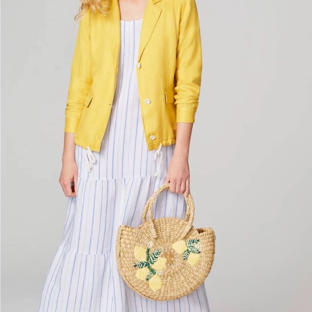 J. Jill Natural Woven Straw Bag Lemon Embroidered Straw Tote Purse Market Round